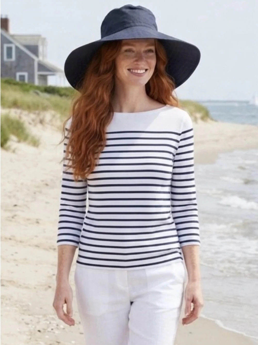 J.Crew 100% Linen Dark Navy Blue Large Brim Bucket Sun Hat Style 69554 S/M